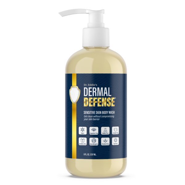 Dr. Eddie’s Dermal Defense Sensitive Skin Body Wash in pump bottle, unscented daily body cleanser for dry, itchy, and eczema-prone skin