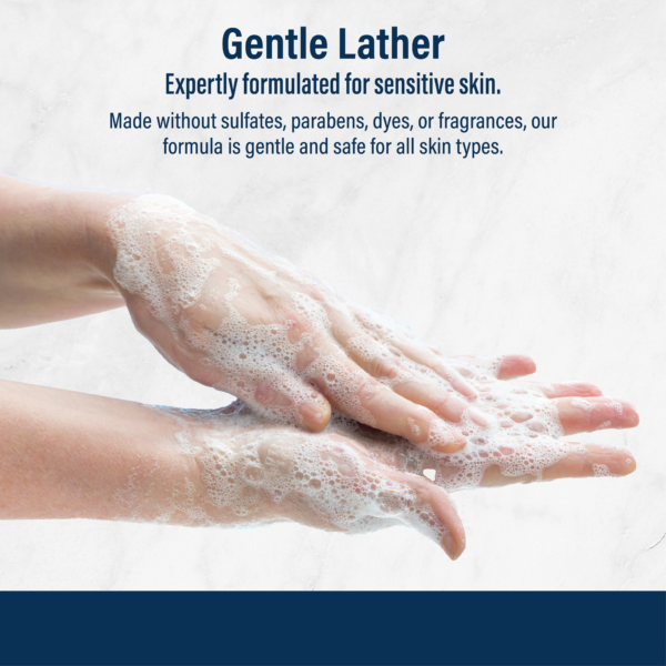Lathered hands using hypoallergenic body wash, sulfate-free and dye-free formula designed for sensitive and eczema-prone skin