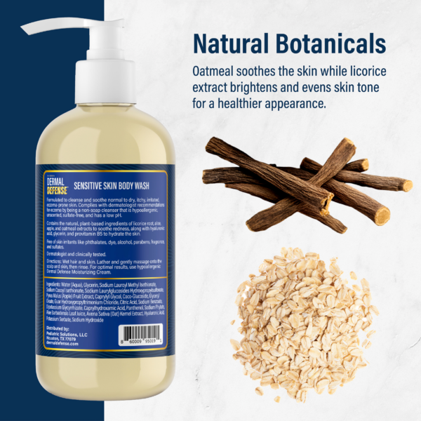 Back label of hypoallergenic body wash bottle with oatmeal and licorice root, highlighting gentle formula for delicate skin.