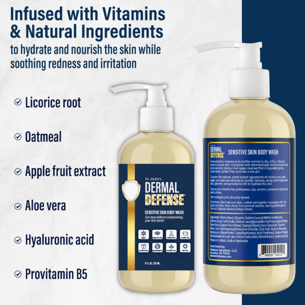 Dr. Eddie’s Dermal Defense sensitive skin body wash enriched with natural ingredients like oatmeal, aloe vera, and licorice root to hydrate, soothe, and nourish dry, irritated skin