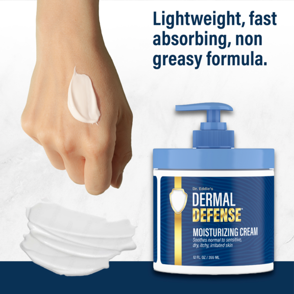 Dr. Eddie’s Dermal Defense moisturizing cream with fast-absorbing, non-greasy formula for dry, irritated, sensitive skin